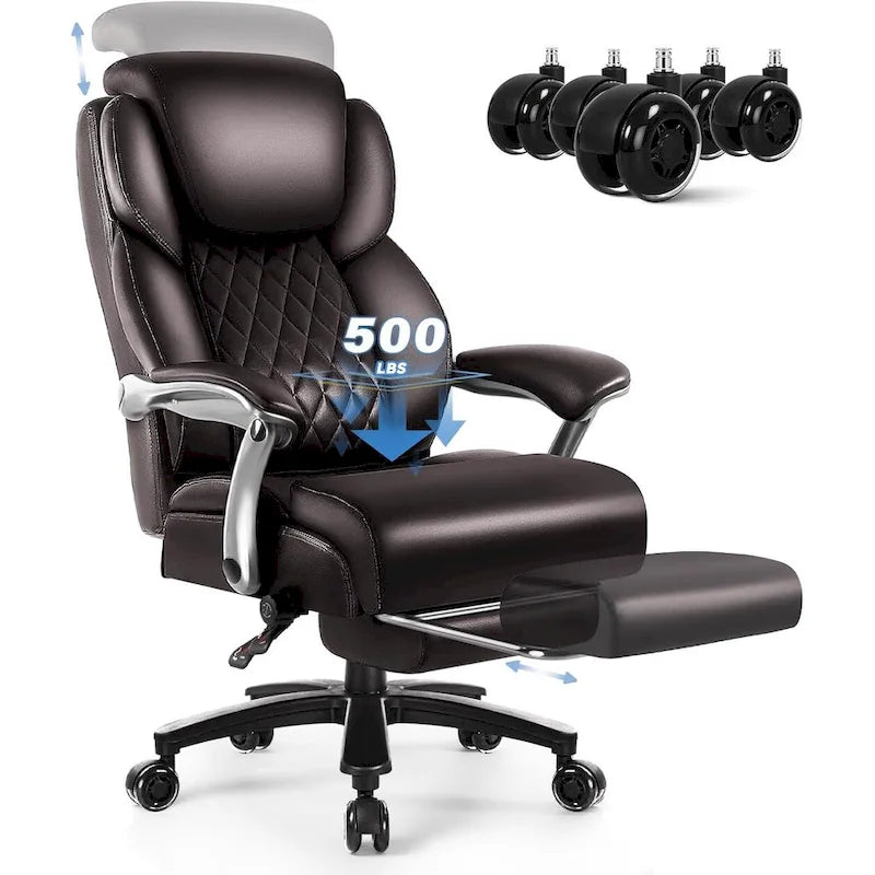 Fauteuil de bureau BOSSIN avec appui-tête relevable, supportant jusqu'à 227 kg (500 lb) - Cuir robuste avec repose-pieds rétractable et soutien lombaire