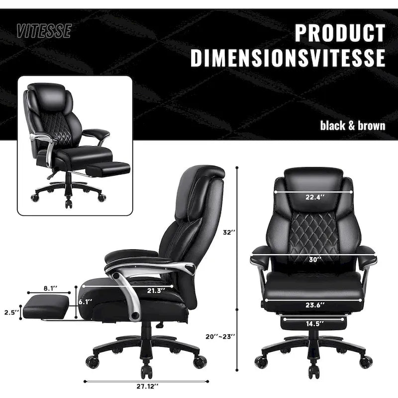 Fauteuil de bureau BOSSIN avec appui-tête relevable, supportant jusqu'à 227 kg (500 lb) - Cuir robuste avec repose-pieds rétractable et soutien lombaire