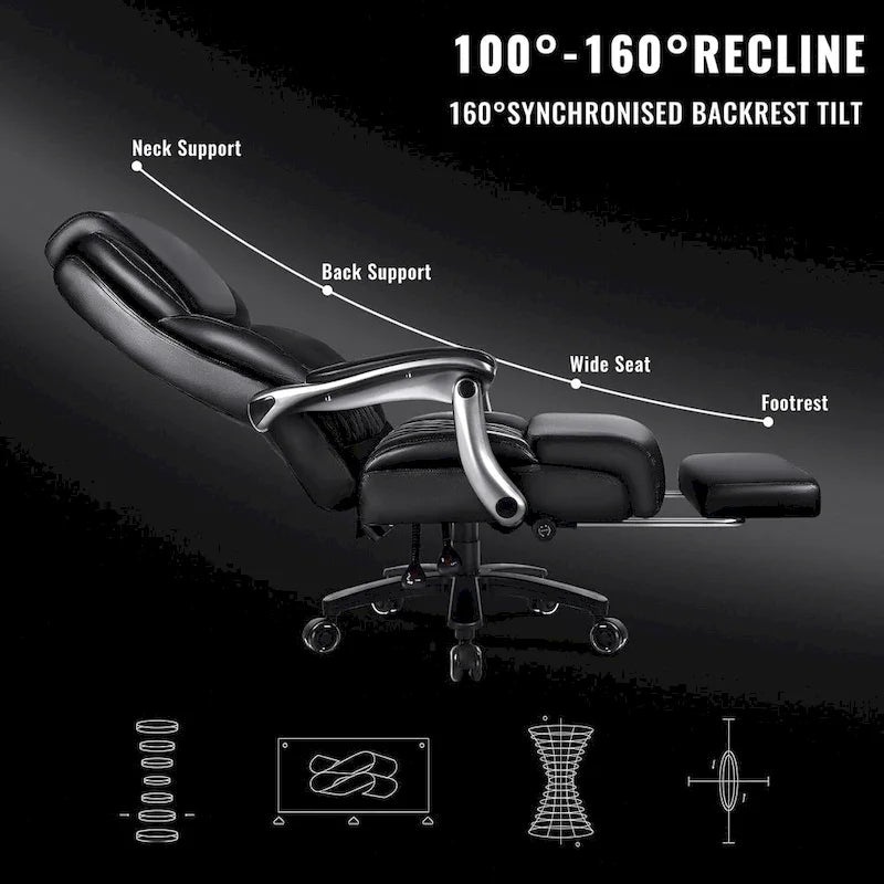 Fauteuil de bureau BOSSIN avec appui-tête relevable, supportant jusqu'à 227 kg (500 lb) - Cuir robuste avec repose-pieds rétractable et soutien lombaire