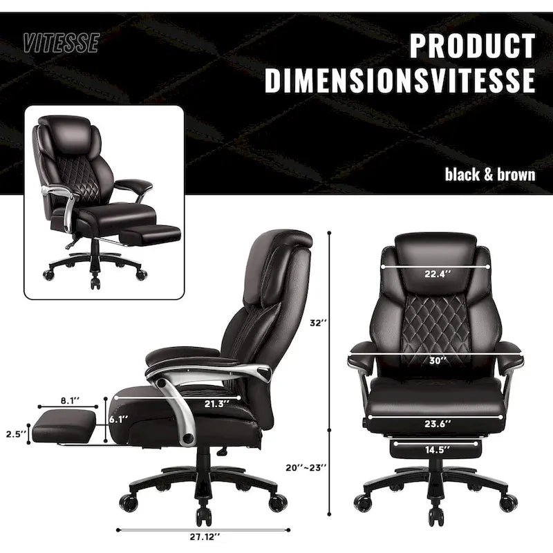 Fauteuil de bureau BOSSIN avec appui-tête relevable, supportant jusqu'à 227 kg (500 lb) - Cuir robuste avec repose-pieds rétractable et soutien lombaire