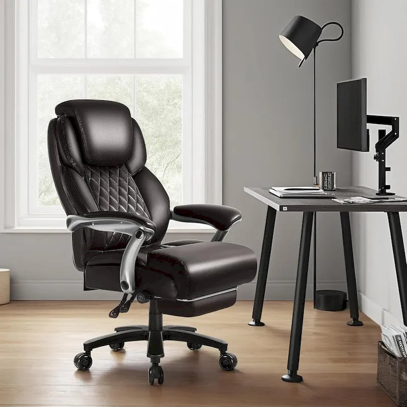 Fauteuil de bureau BOSSIN avec appui-tête relevable, supportant jusqu'à 227 kg (500 lb) - Cuir robuste avec repose-pieds rétractable et soutien lombaire