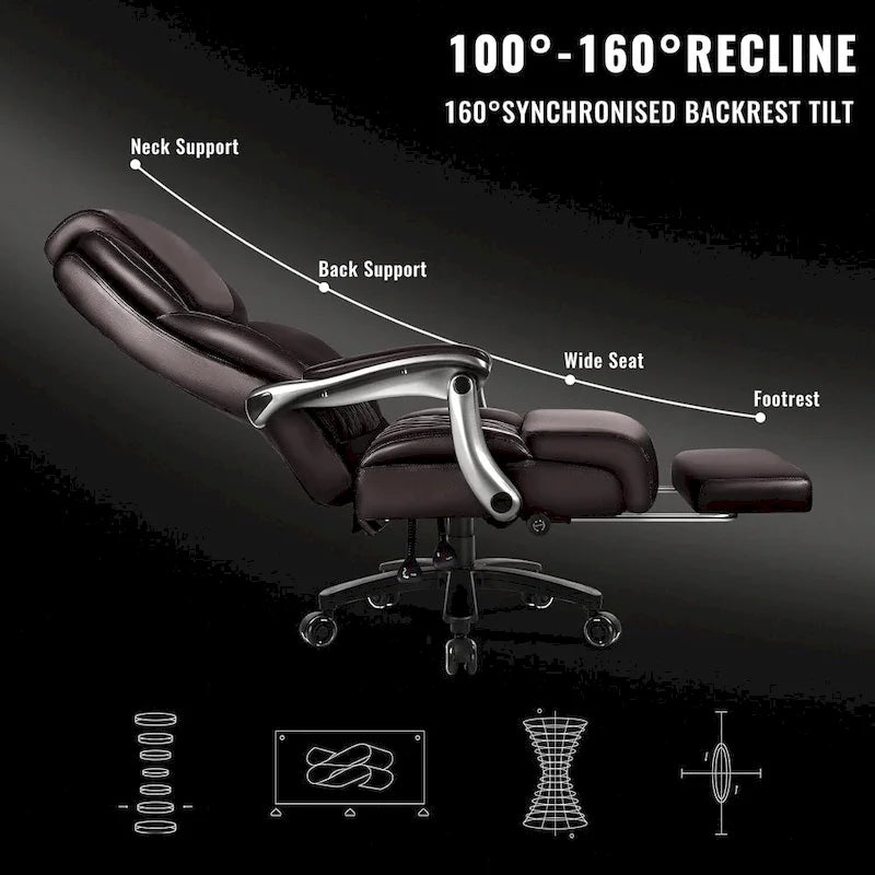 Fauteuil de bureau BOSSIN avec appui-tête relevable, supportant jusqu'à 227 kg (500 lb) - Cuir robuste avec repose-pieds rétractable et soutien lombaire