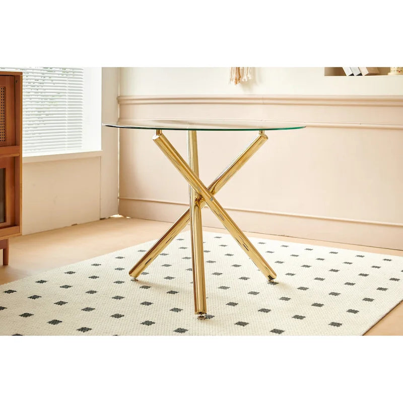 Ensemble de salle à manger 5 pièces (1+4), table à manger style milieu du siècle avec pieds en métal, plateau en verre et pied central.