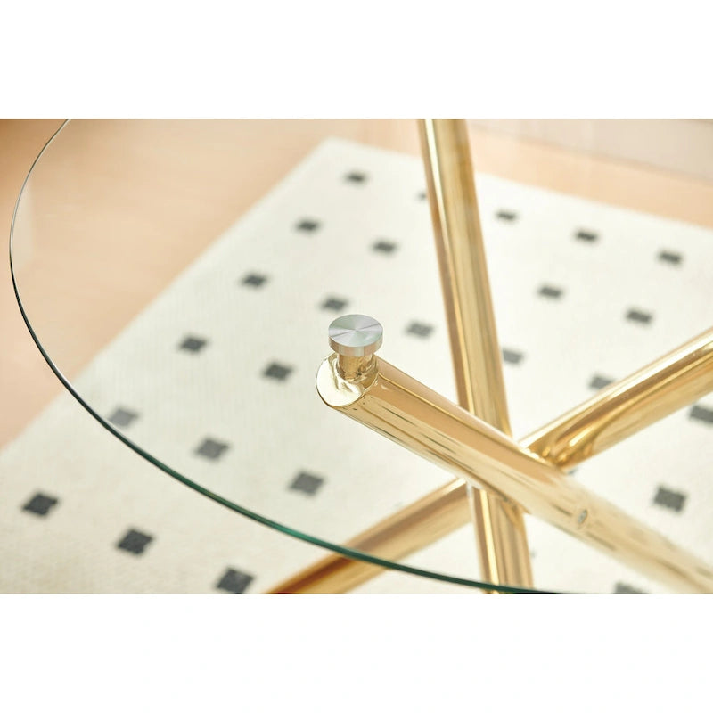 Ensemble de salle à manger 5 pièces (1+4), table à manger style milieu du siècle avec pieds en métal, plateau en verre et pied central.