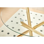 Ensemble de salle à manger 5 pièces (1+4), table à manger style milieu du siècle avec pieds en métal, plateau en verre et pied central.