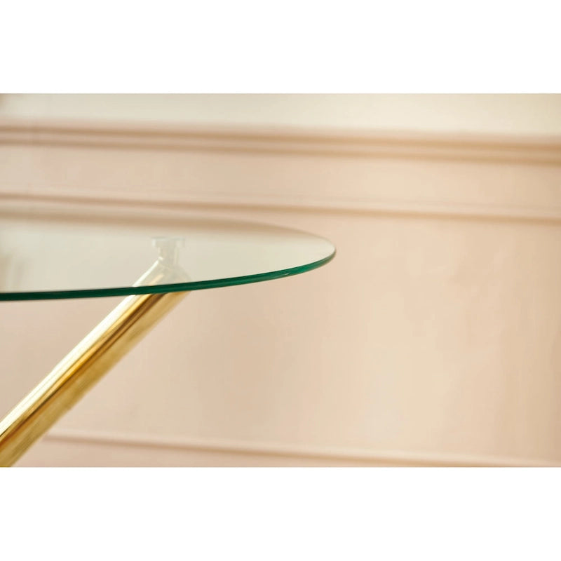 Ensemble de salle à manger 5 pièces (1+4), table à manger style milieu du siècle avec pieds en métal, plateau en verre et pied central.