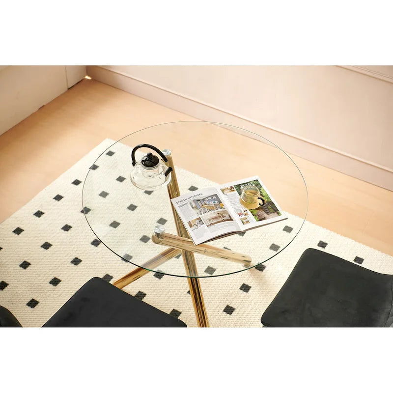 Ensemble de salle à manger 5 pièces (1+4), table à manger style milieu du siècle avec pieds en métal, plateau en verre et pied central.