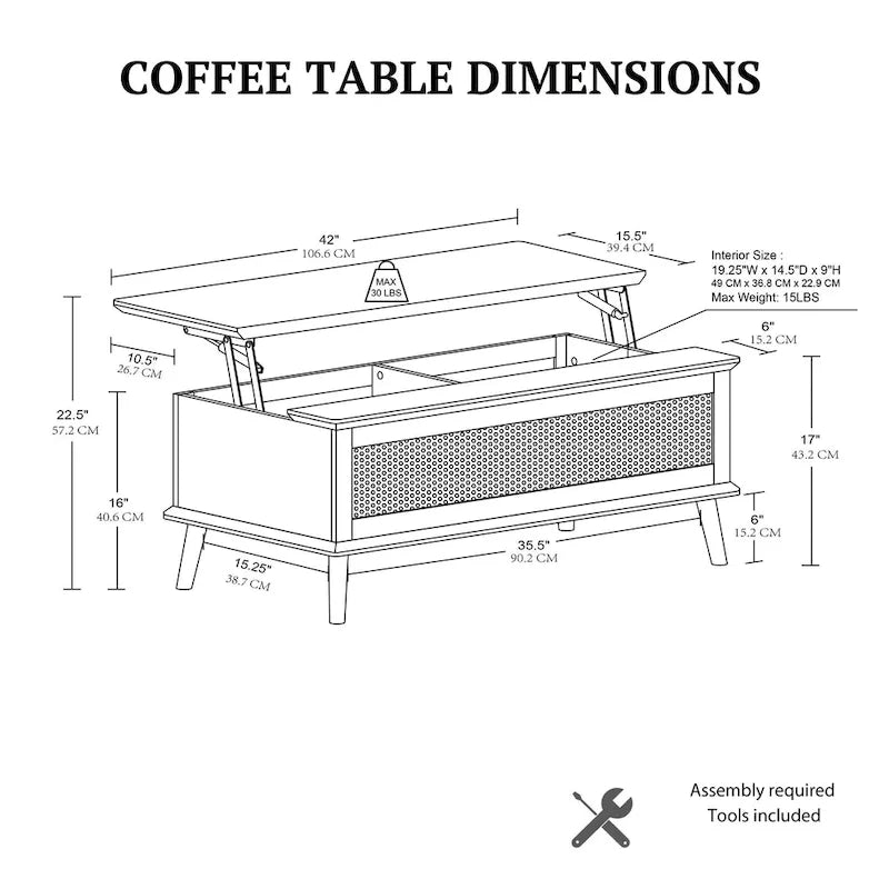 Table basse Chelsea Square Teagan en rotin avec plateau relevable et rangement - 42 x 17