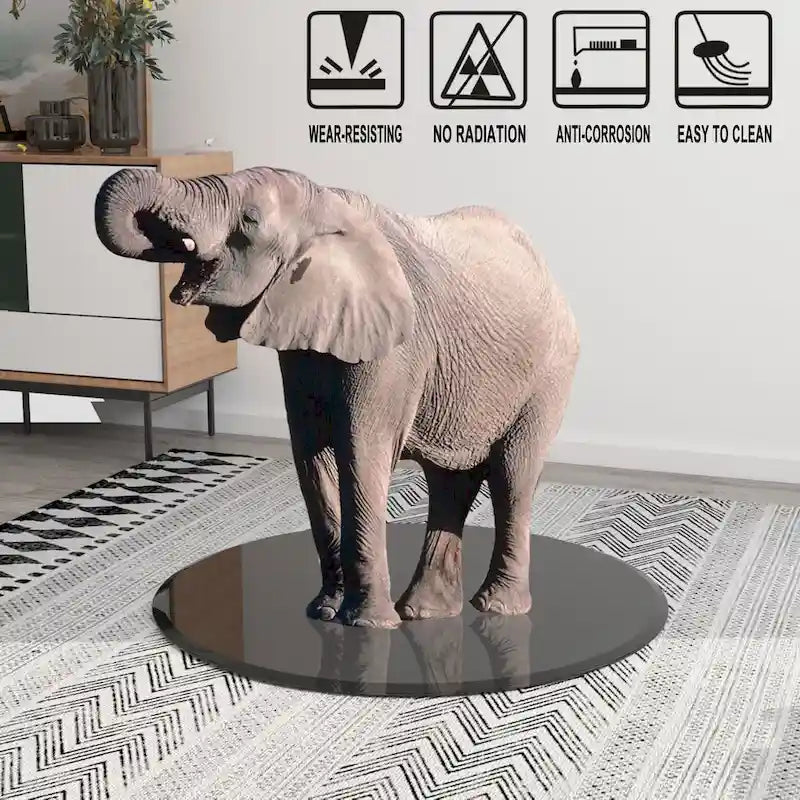 Plateau de table rond en verre trempé noir épais, bords biseautés et polis.