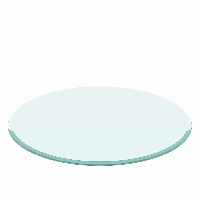 Plateau de table rond en verre trempé transparent, épais, biseauté et poli.