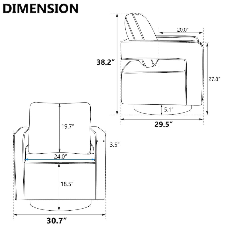 Fauteuil pivotant moderne rembourré à dossier ouvert avec coussin
