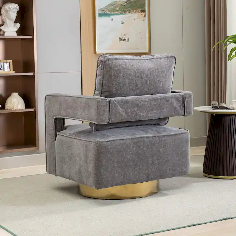 Fauteuil pivotant moderne rembourré à dossier ouvert avec coussin