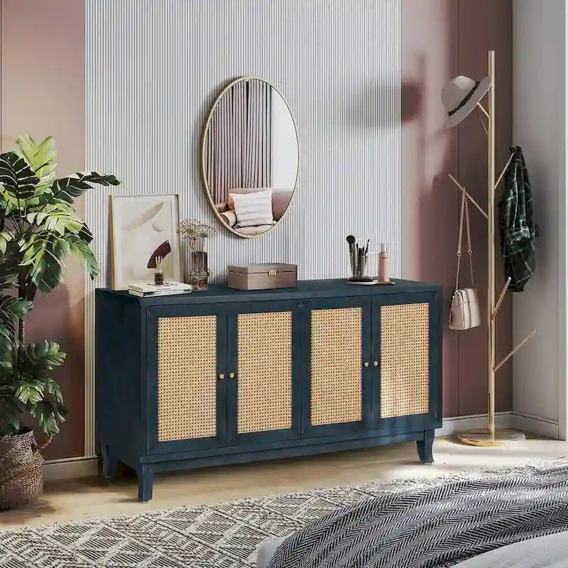 Meuble de rangement d'appoint avec 4 portes en rotin