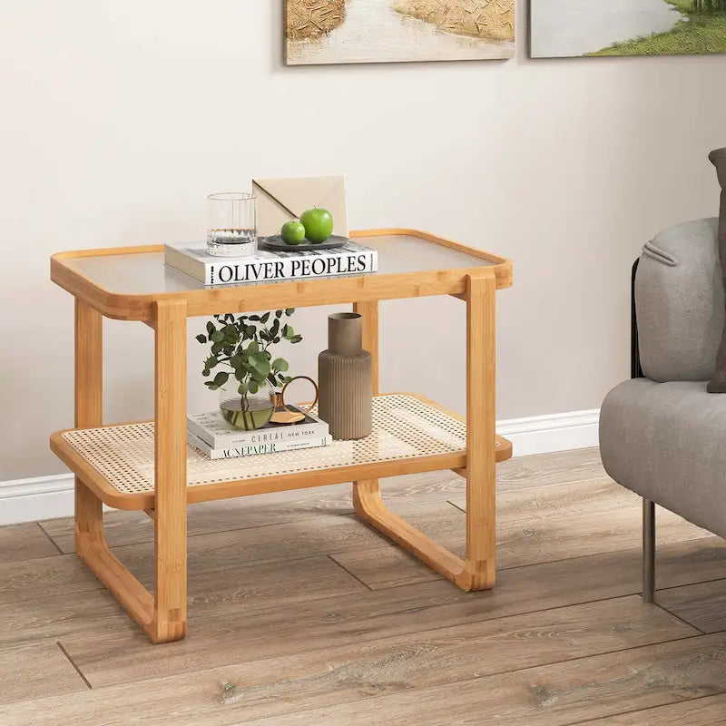 Bamboo Side Table with Rattan Shelf Glass Top Nightstand End Table