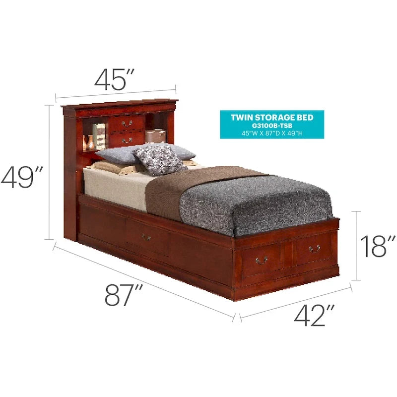 Lit plateforme double Louis Philippe avec 6 tiroirs de rangement