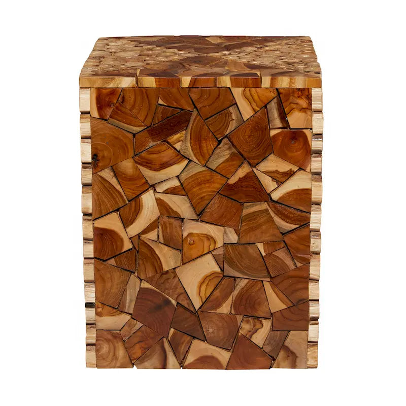 Table d'appoint carrée en bois de teck, fabriquée à la main, avec motif mosaïque de copeaux de bois - Brun - Roche River Decor - 35,5 cm x ...45,5 cm (14 po x 14 po x 18 po)