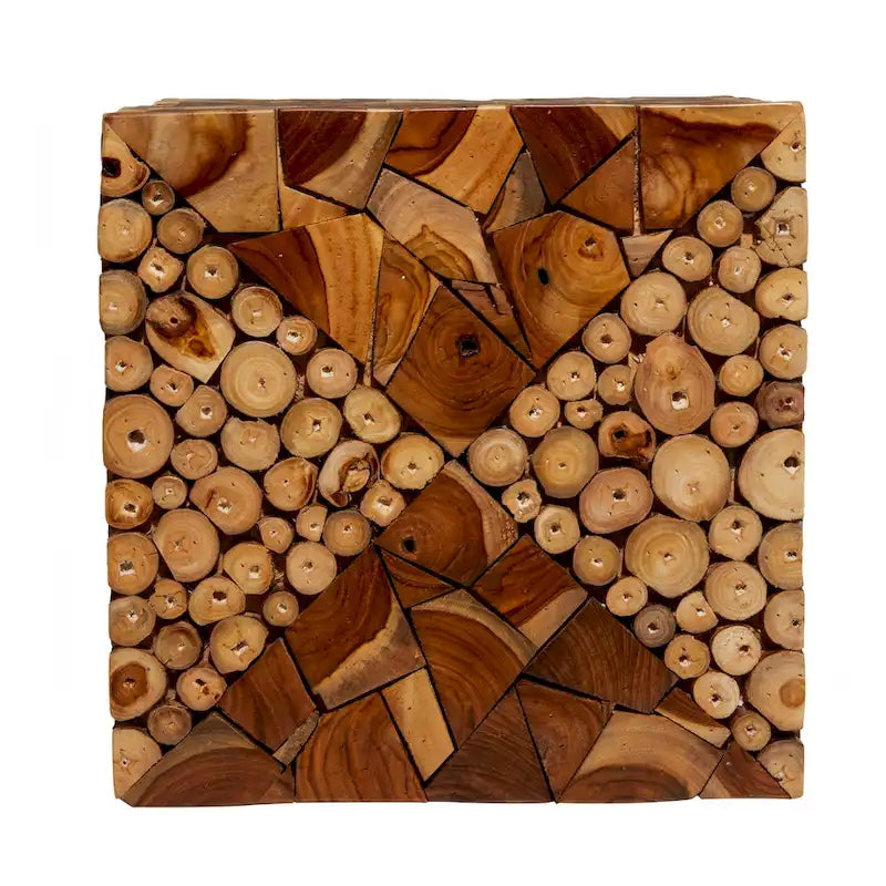 Table d'appoint carrée en bois de teck, fabriquée à la main, avec motif mosaïque de copeaux de bois - Brun - Roche River Decor - 35,5 cm x ...45,5 cm (14 po x 14 po x 18 po)