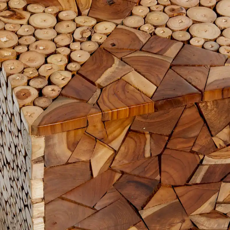 Table d'appoint carrée en bois de teck, fabriquée à la main, avec motif mosaïque de copeaux de bois - Brun - Roche River Decor - 35,5 cm x ...45,5 cm (14 po x 14 po x 18 po)