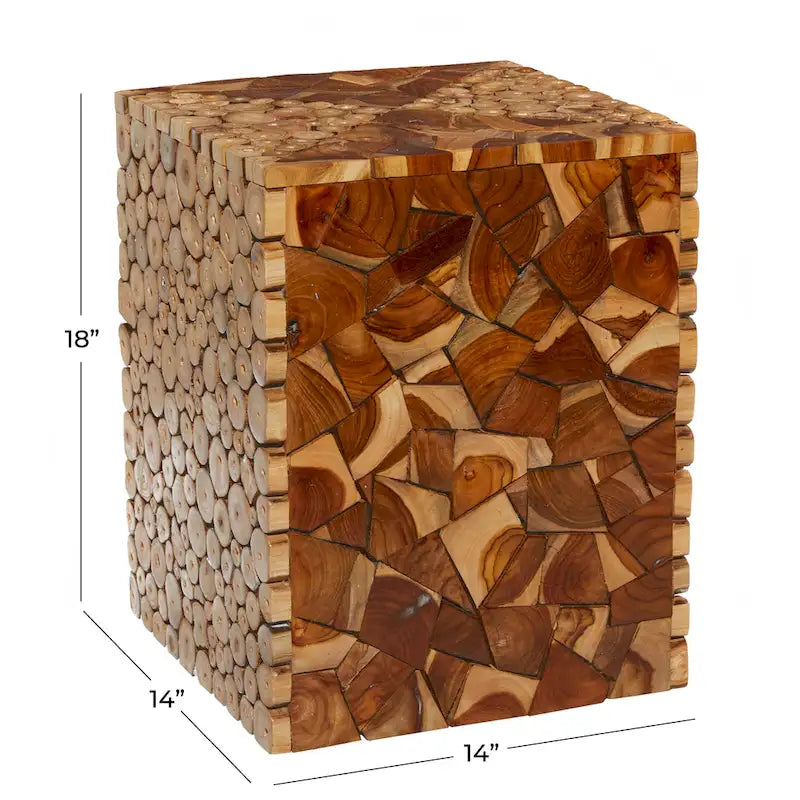Table d'appoint carrée en bois de teck, fabriquée à la main, avec motif mosaïque de copeaux de bois - Brun - Roche River Decor - 35,5 cm x ...45,5 cm (14 po x 14 po x 18 po)
