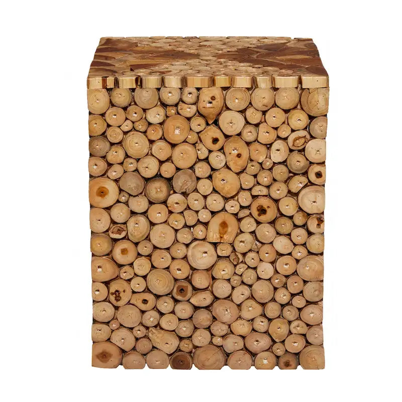 Table d'appoint carrée en bois de teck, fabriquée à la main, avec motif mosaïque de copeaux de bois - Brun - Roche River Decor - 35,5 cm x ...45,5 cm (14 po x 14 po x 18 po)