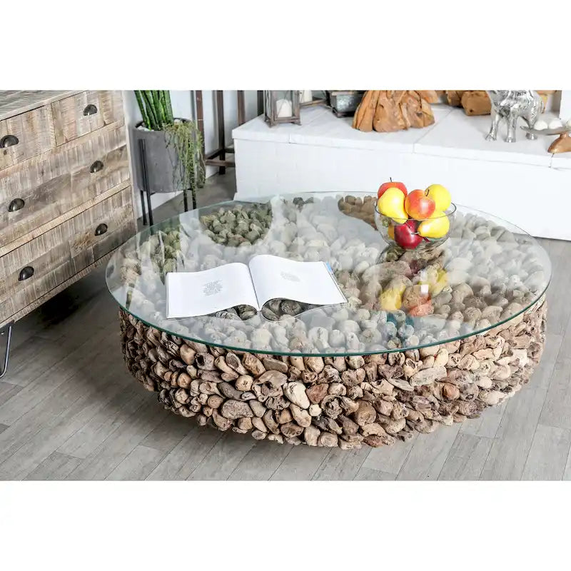 Table basse artisanale en bois flotté avec plateau en verre trempé et collage, composée d'un pied central et d'un plateau en verre trempé - Brun - Roche River Decor