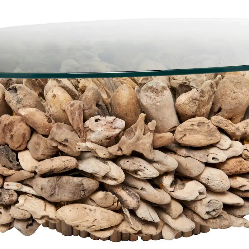 Table basse artisanale en bois flotté avec plateau en verre trempé et collage, composée d'un pied central et d'un plateau en verre trempé - Brun - Roche River Decor