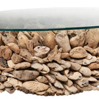 Table basse artisanale en bois flotté avec plateau en verre trempé et collage, composée d'un pied central et d'un plateau en verre trempé - Brun - Roche River Decor