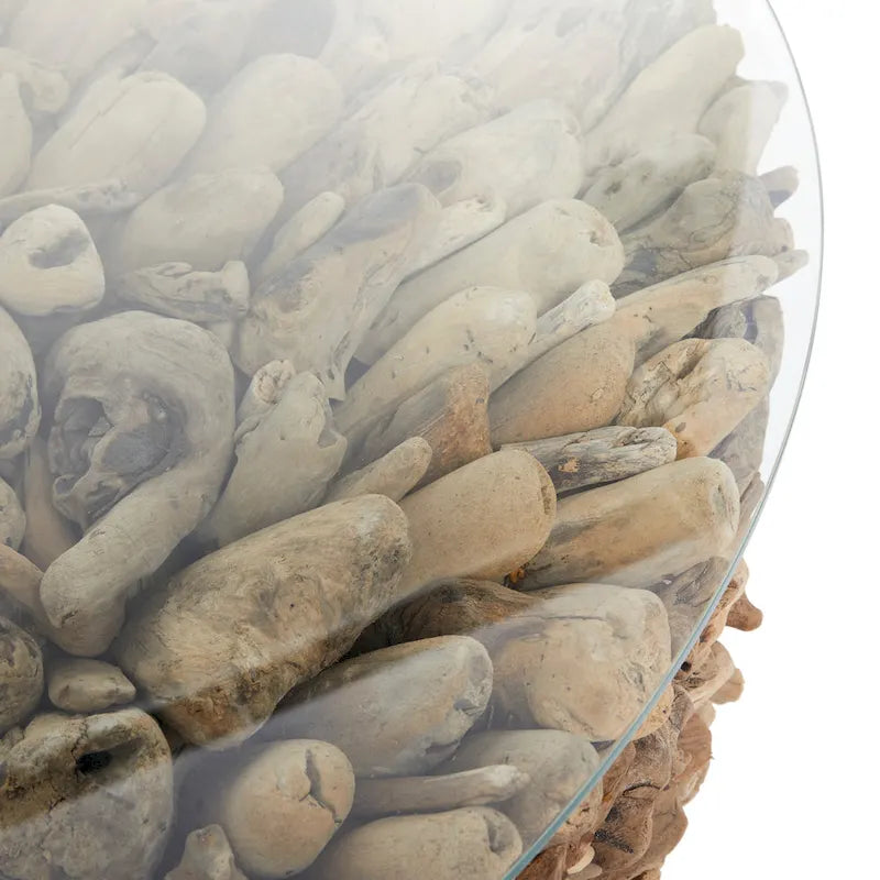 Table basse artisanale en bois flotté avec plateau en verre trempé et collage, composée d'un pied central et d'un plateau en verre trempé - Brun - Roche River Decor