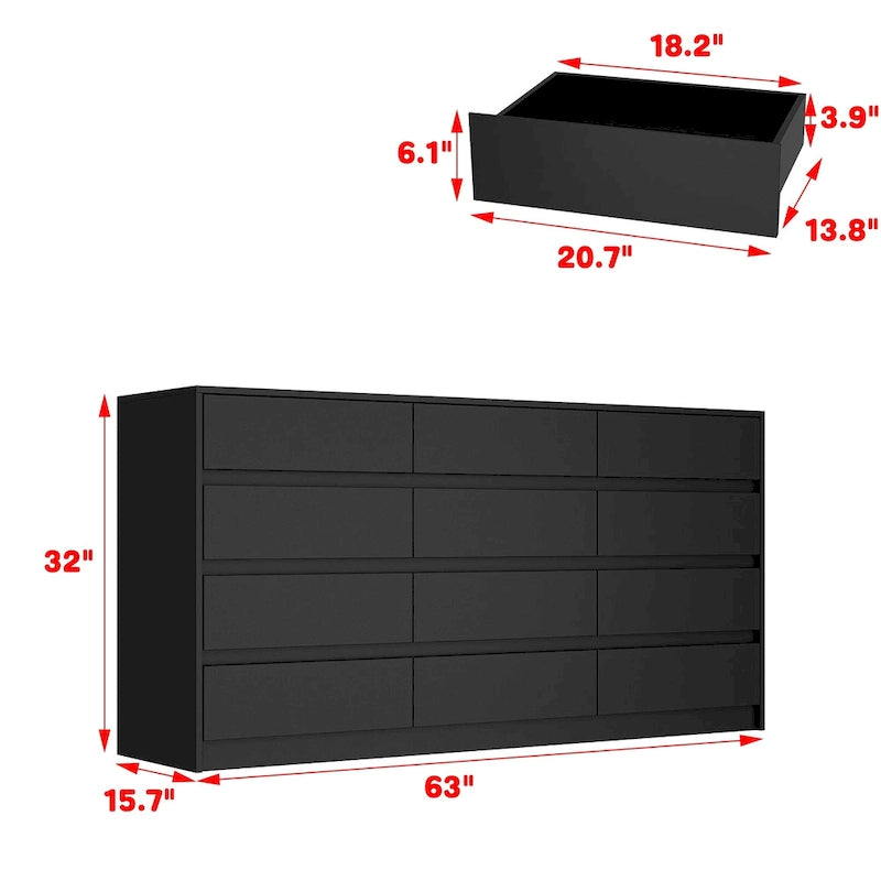 Commode à 12 tiroirs pour chambre à coucher, tiroirs profonds, grand coffre en bois sur pied