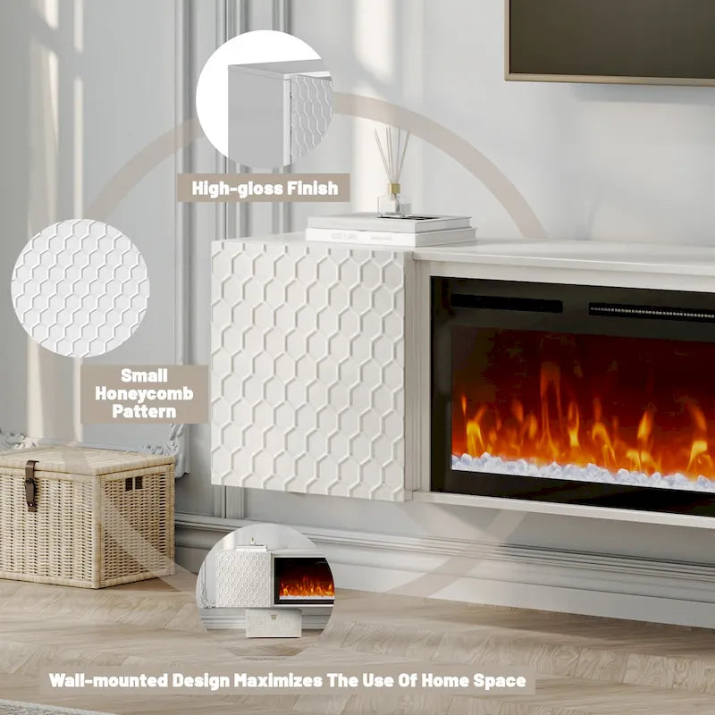 Meuble TV mural en MDF de 67 pouces avec cheminée électrique de 36 pouces