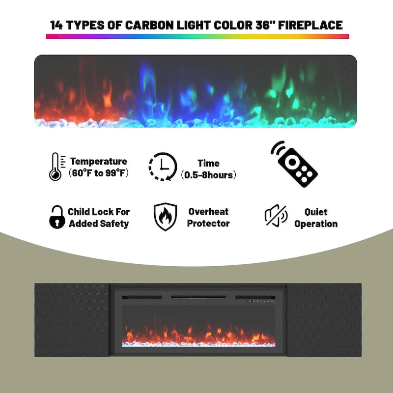 Meuble TV mural en MDF de 67 pouces avec cheminée électrique de 36 pouces