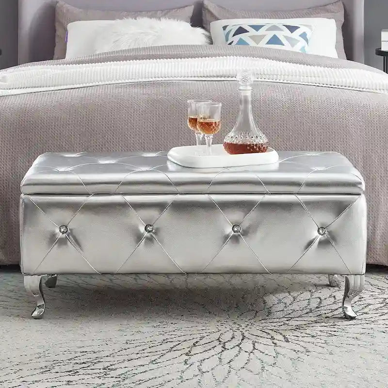 Banc ottoman de rangement de luxe, ottoman à couvercle rabattable recouvert de PU