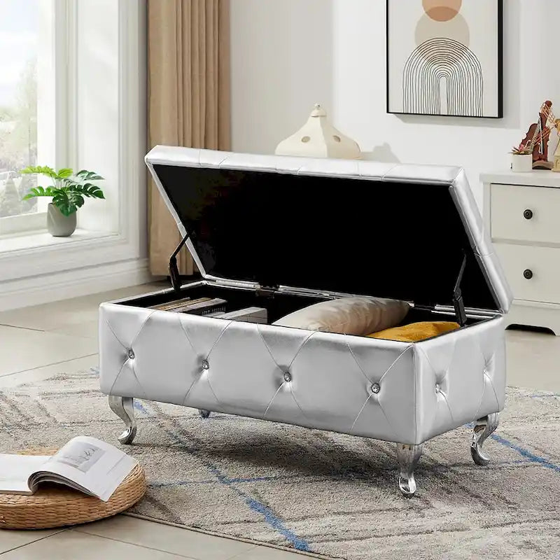 Luxury Storage Ottoman Bench, PU Upholstered Flip Top Ottoman
