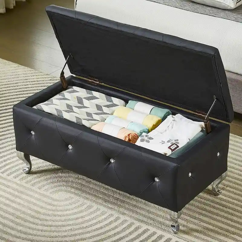 Banc ottoman de rangement de luxe, ottoman à couvercle rabattable recouvert de PU