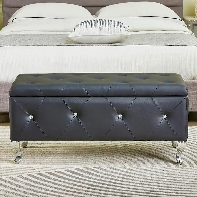 Banc ottoman de rangement de luxe, ottoman à couvercle rabattable recouvert de PU