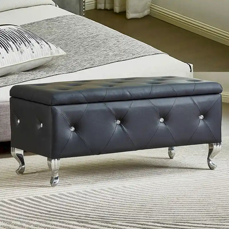 Banc ottoman de rangement de luxe, ottoman à couvercle rabattable recouvert de PU