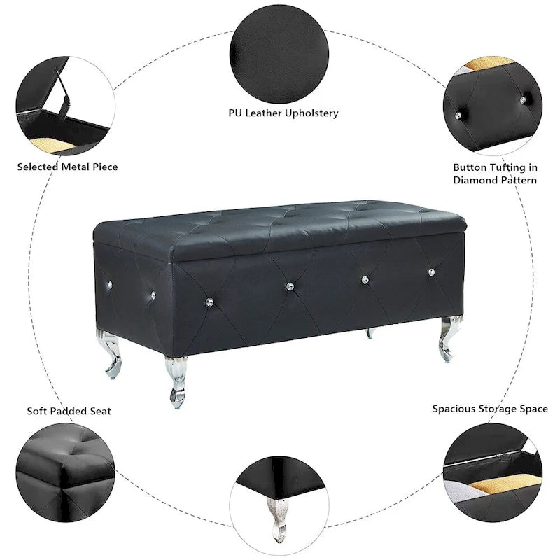 Banc ottoman de rangement de luxe, ottoman à couvercle rabattable recouvert de PU
