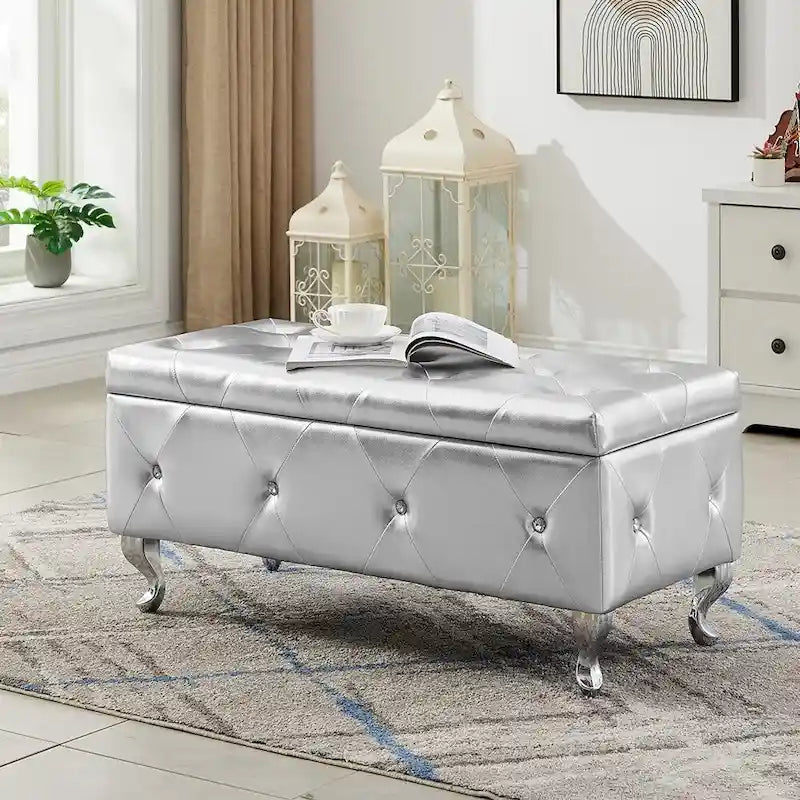Banc ottoman de rangement de luxe, ottoman à couvercle rabattable recouvert de PU