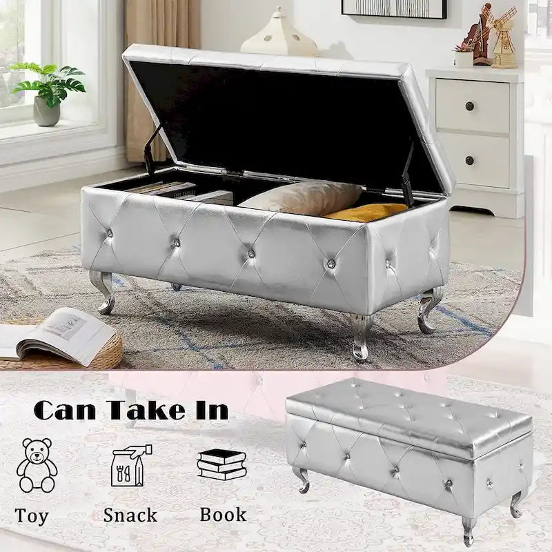 Banc ottoman de rangement de luxe, ottoman à couvercle rabattable recouvert de PU