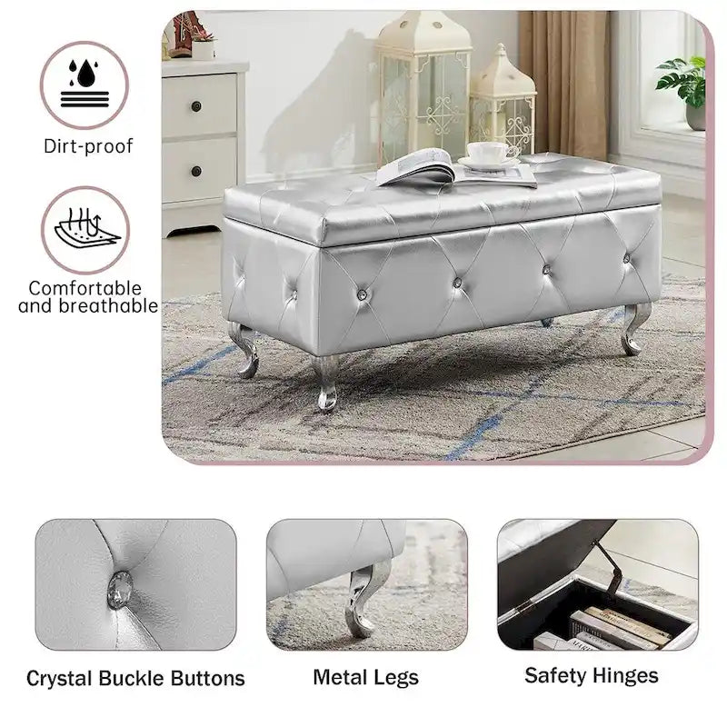 Banc ottoman de rangement de luxe, ottoman à couvercle rabattable recouvert de PU