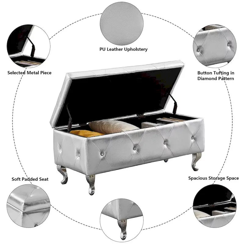 Banc ottoman de rangement de luxe, ottoman à couvercle rabattable recouvert de PU