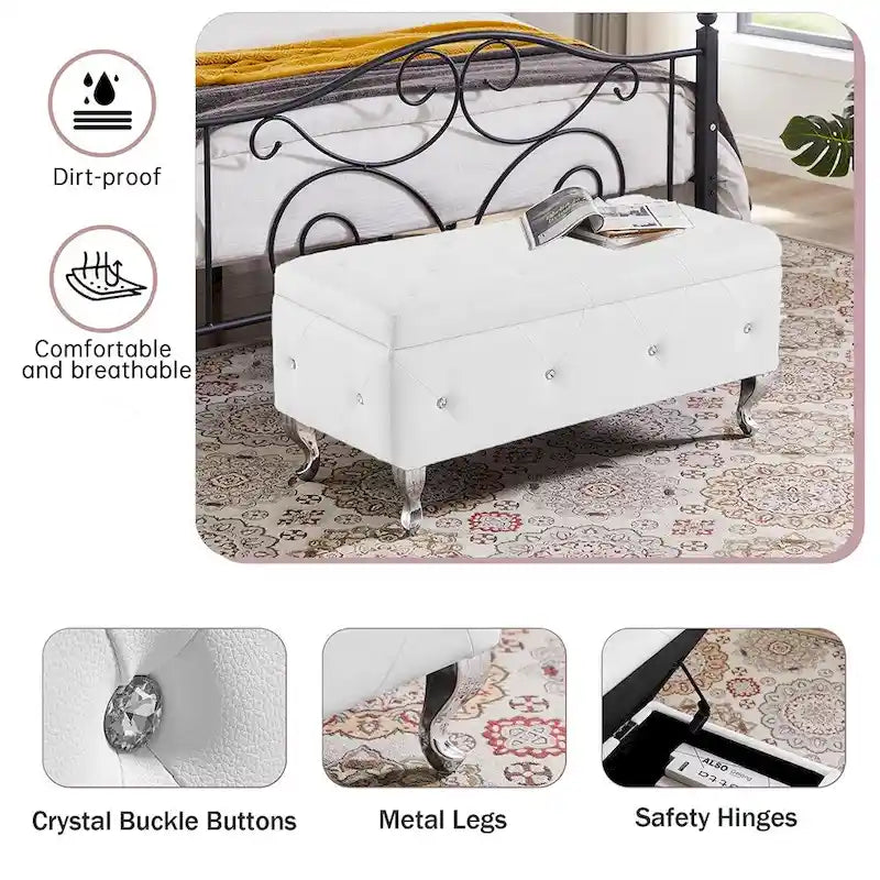 Banc ottoman de rangement de luxe, ottoman à couvercle rabattable recouvert de PU