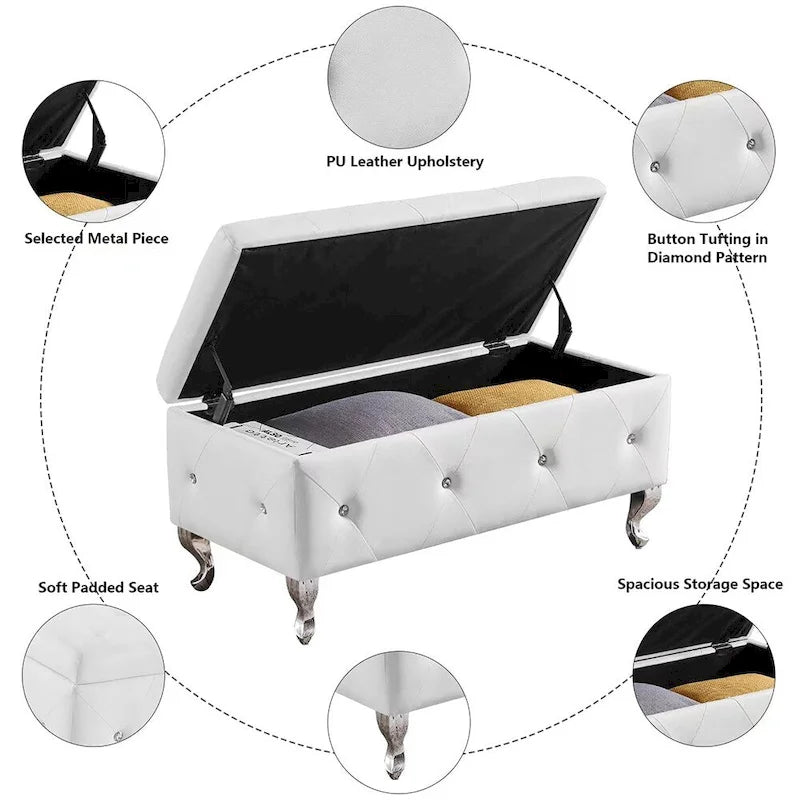 Banc ottoman de rangement de luxe, ottoman à couvercle rabattable recouvert de PU