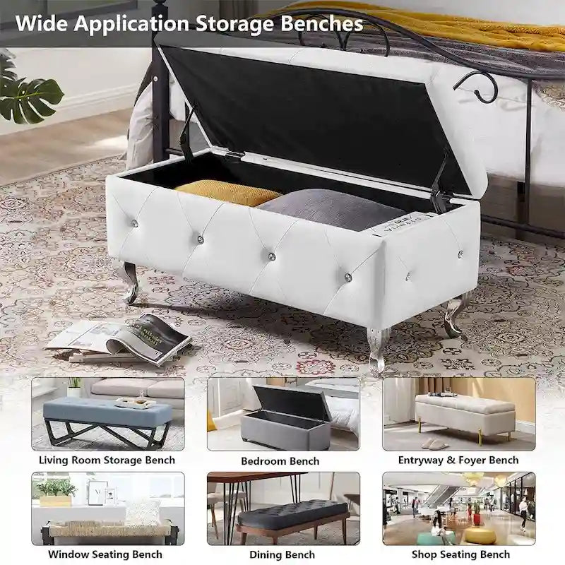 Banc ottoman de rangement de luxe, ottoman à couvercle rabattable recouvert de PU