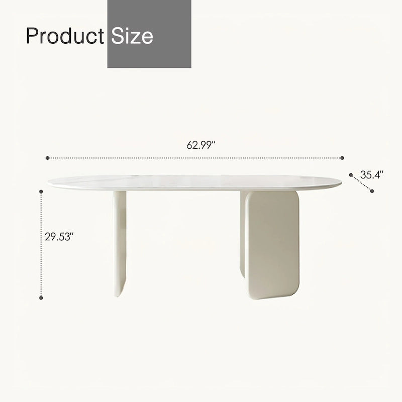 Table de salle à manger ovale moderne en faux marbre crème avec un piètement original à 3 pieds