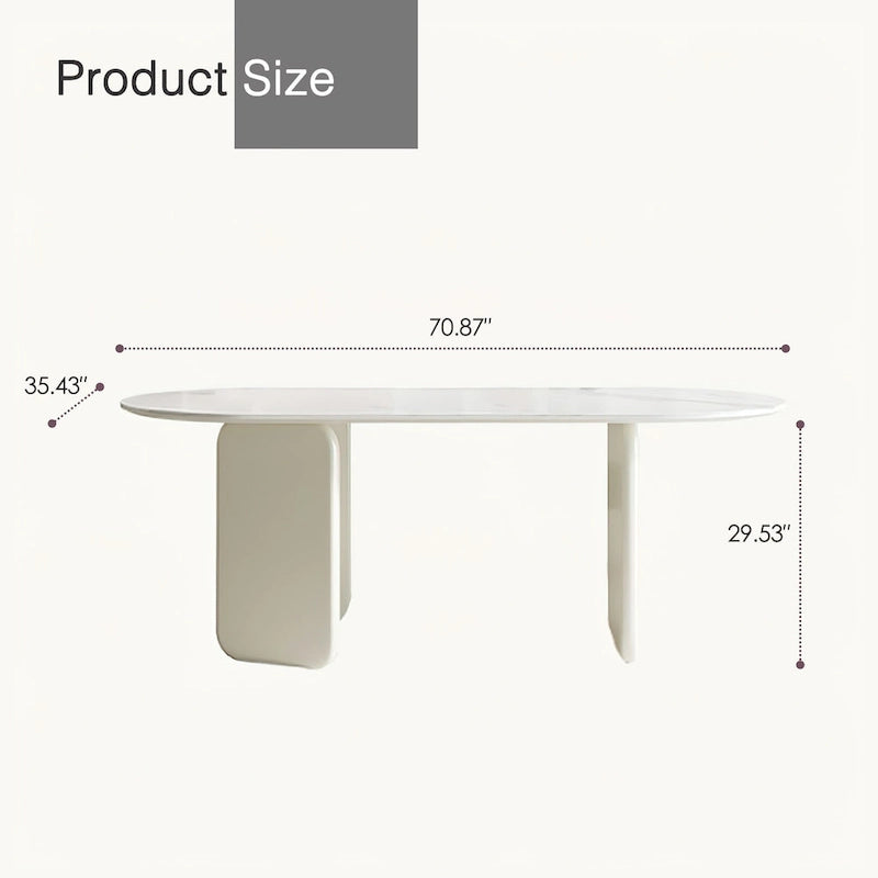 Table de salle à manger ovale moderne en faux marbre crème avec un piètement original à 3 pieds