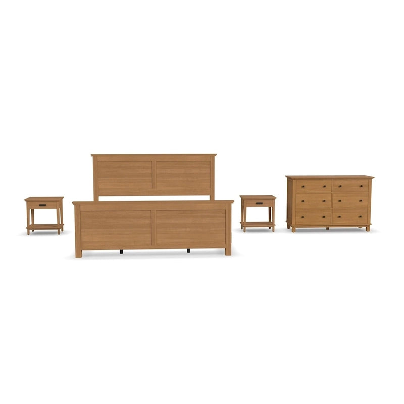 Lit King en bois brun Oak Park, deux tables de chevet et commode
