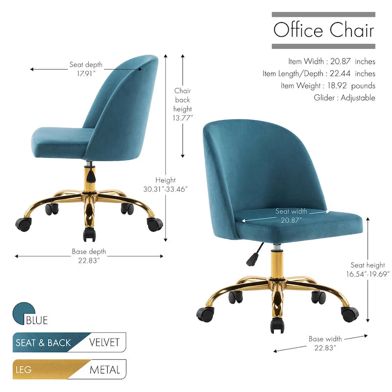 Chaises de bureau sans accoudoirs en velours Louie de Porthos Home