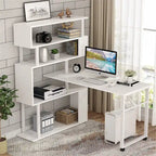 L-Shaped Rotating Computer Desk with Bookshelf