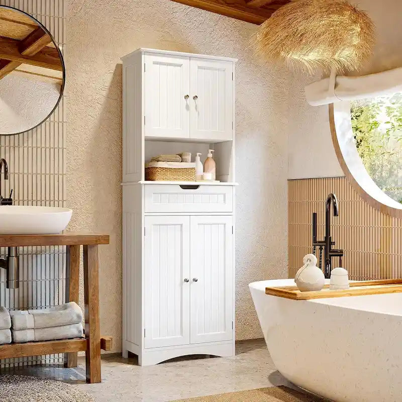 Armoire de cuisine autoportante blanche de 66,5 pouces de haut avec tiroirs coulissants en métal et système de fermeture à clapet